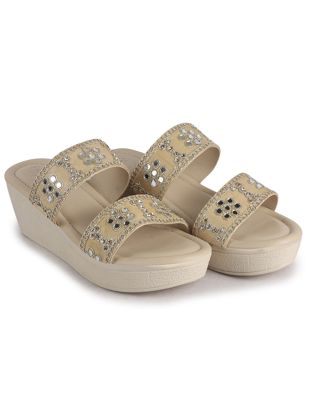 Women Beige Open Toe Dual Strap Mirror Embroidery Wedding Slip On Sandals|Ethnic Wedges Heel Slippers with Durable Grip Sole