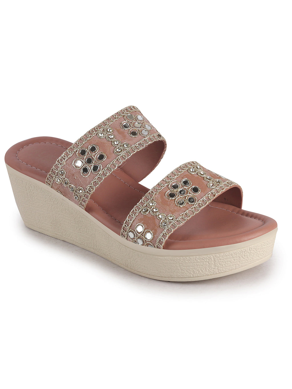 Women Pink Open Toe Dual Strap Mirror Embroidery Wedding Slip On Sandals|Ethnic Wedges Heel Slippers with Durable Grip Sole