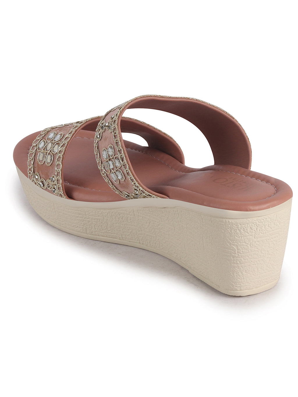 Women Pink Open Toe Dual Strap Mirror Embroidery Wedding Slip On Sandals|Ethnic Wedges Heel Slippers with Durable Grip Sole