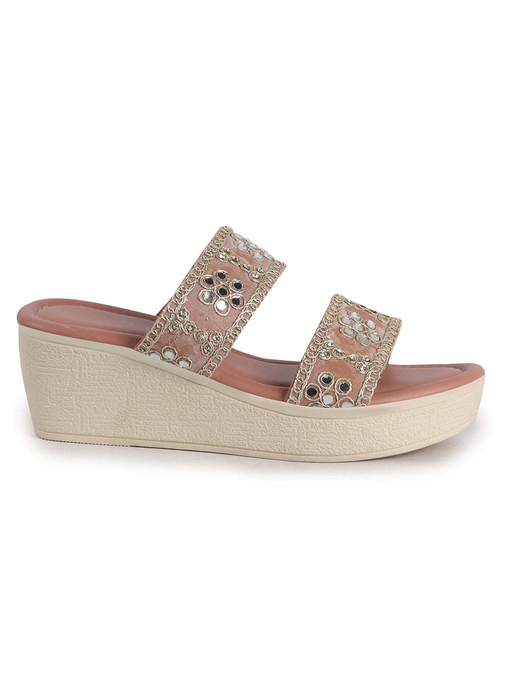 Women Pink Open Toe Dual Strap Mirror Embroidery Wedding Slip On Sandals|Ethnic Wedges Heel Slippers with Durable Grip Sole