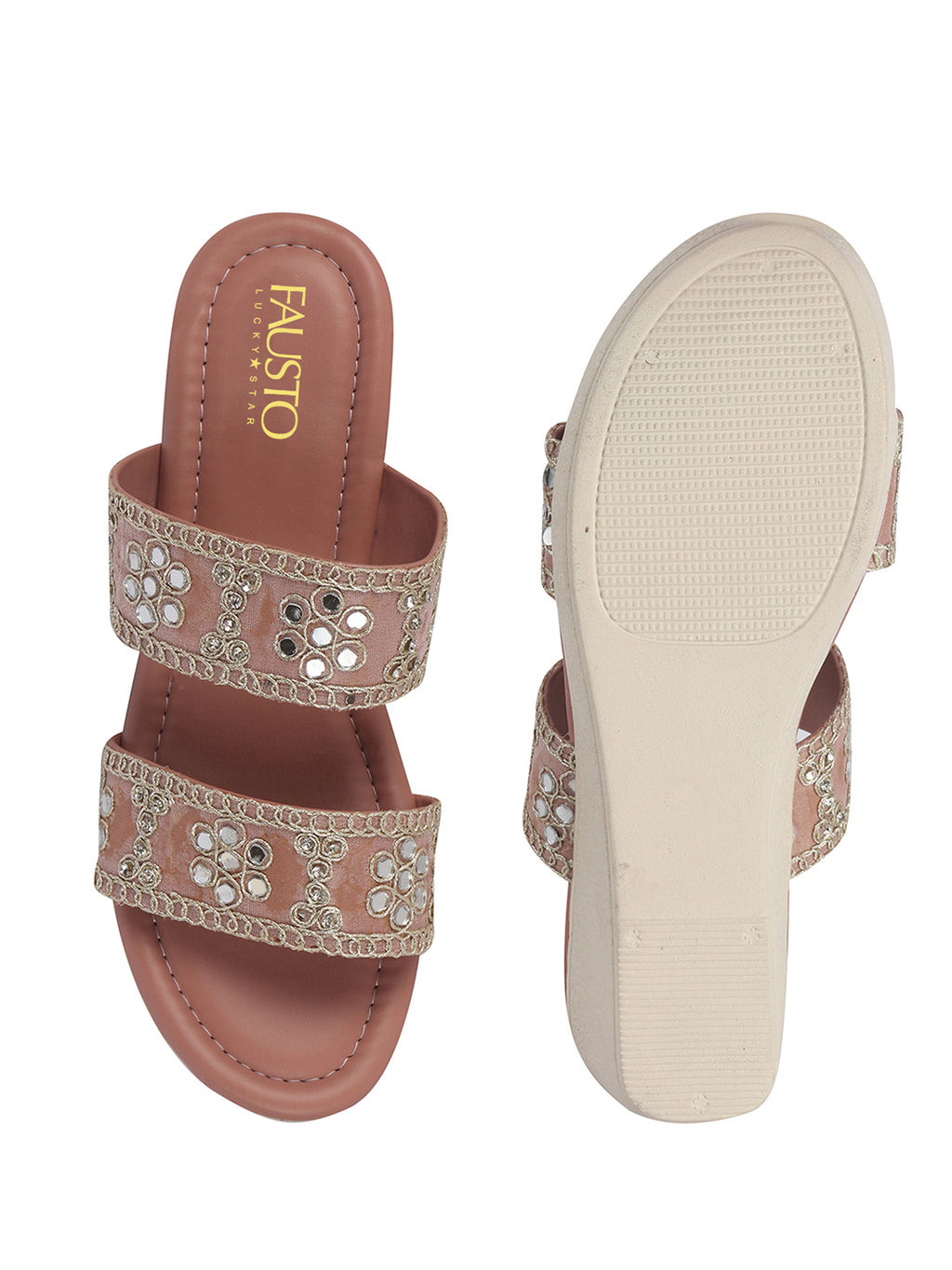 Women Pink Open Toe Dual Strap Mirror Embroidery Wedding Slip On Sandals|Ethnic Wedges Heel Slippers with Durable Grip Sole