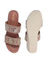 Women Pink Open Toe Dual Strap Mirror Embroidery Wedding Slip On Sandals|Ethnic Wedges Heel Slippers with Durable Grip Sole