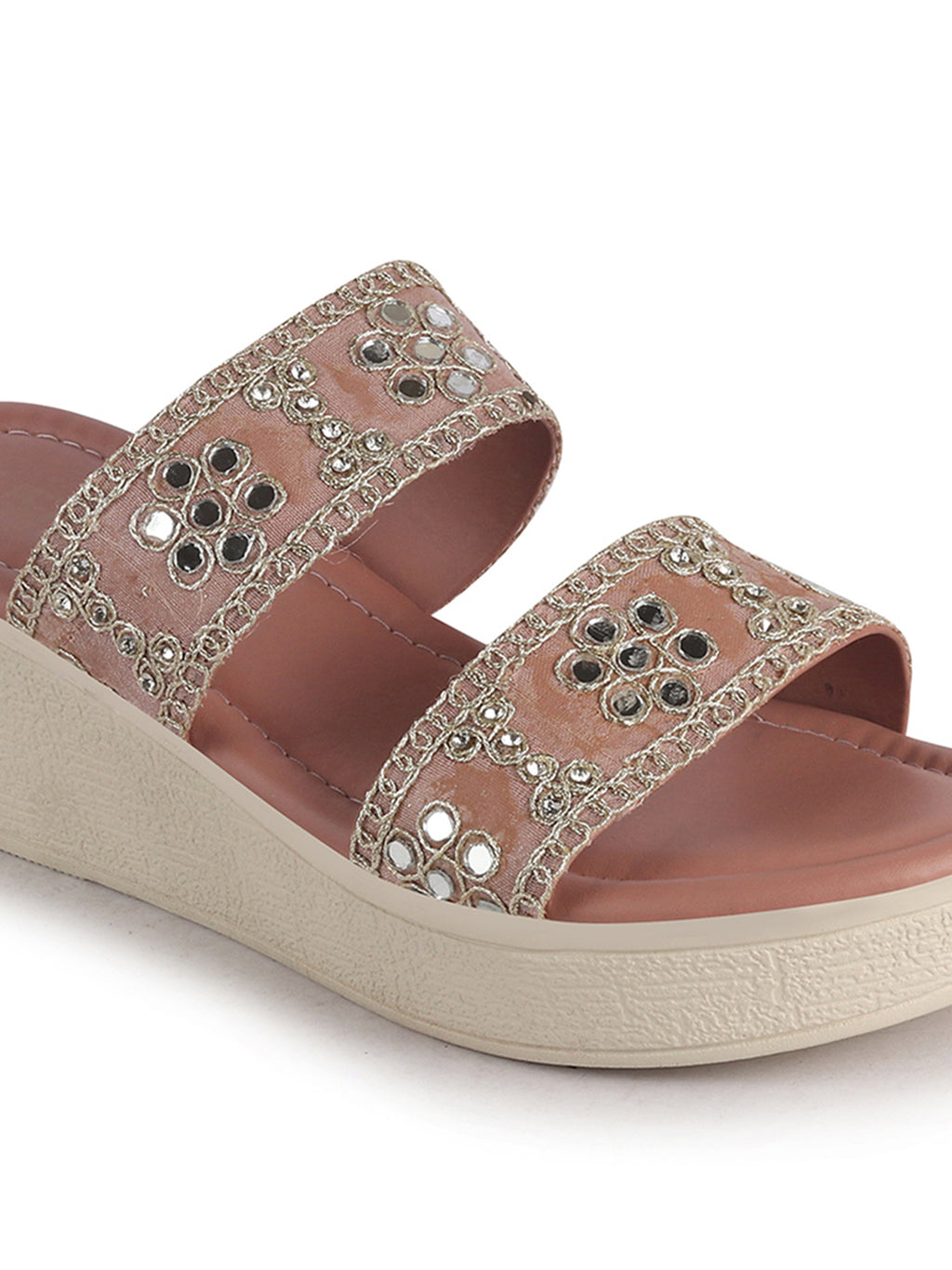 Women Pink Open Toe Dual Strap Mirror Embroidery Wedding Slip On Sandals|Ethnic Wedges Heel Slippers with Durable Grip Sole