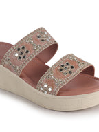 Women Pink Open Toe Dual Strap Mirror Embroidery Wedding Slip On Sandals|Ethnic Wedges Heel Slippers with Durable Grip Sole