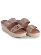 Women Pink Open Toe Dual Strap Mirror Embroidery Wedding Slip On Sandals|Ethnic Wedges Heel Slippers with Durable Grip Sole