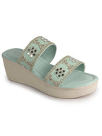 Women Pista Open Toe Dual Strap Mirror Embroidery Wedding Slip On Sandals|Ethnic Wedges Heel Slippers with Durable Grip Sole
