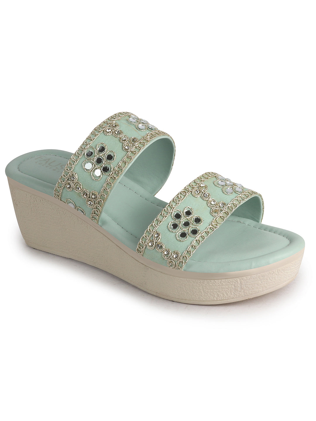 Women Pista Open Toe Dual Strap Mirror Embroidery Wedding Slip On Sandals|Ethnic Wedges Heel Slippers with Durable Grip Sole