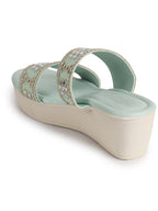 Women Pista Open Toe Dual Strap Mirror Embroidery Wedding Slip On Sandals|Ethnic Wedges Heel Slippers with Durable Grip Sole