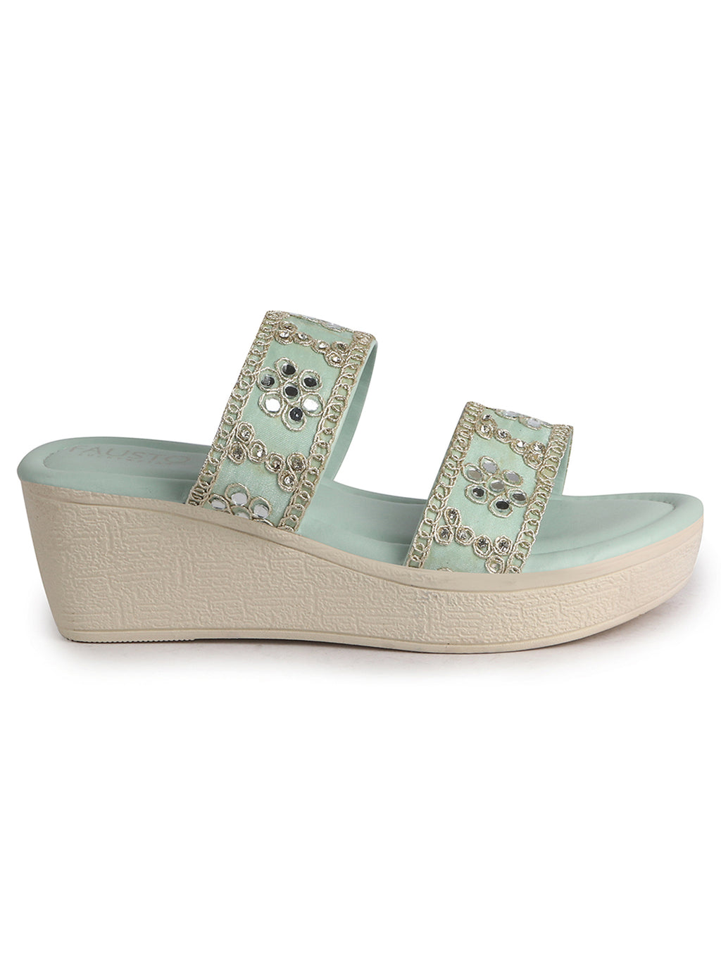 Women Pista Open Toe Dual Strap Mirror Embroidery Wedding Slip On Sandals|Ethnic Wedges Heel Slippers with Durable Grip Sole