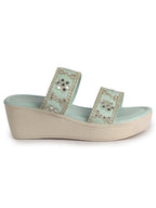 Women Pista Open Toe Dual Strap Mirror Embroidery Wedding Slip On Sandals|Ethnic Wedges Heel Slippers with Durable Grip Sole