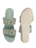 Women Pista Open Toe Dual Strap Mirror Embroidery Wedding Slip On Sandals|Ethnic Wedges Heel Slippers with Durable Grip Sole