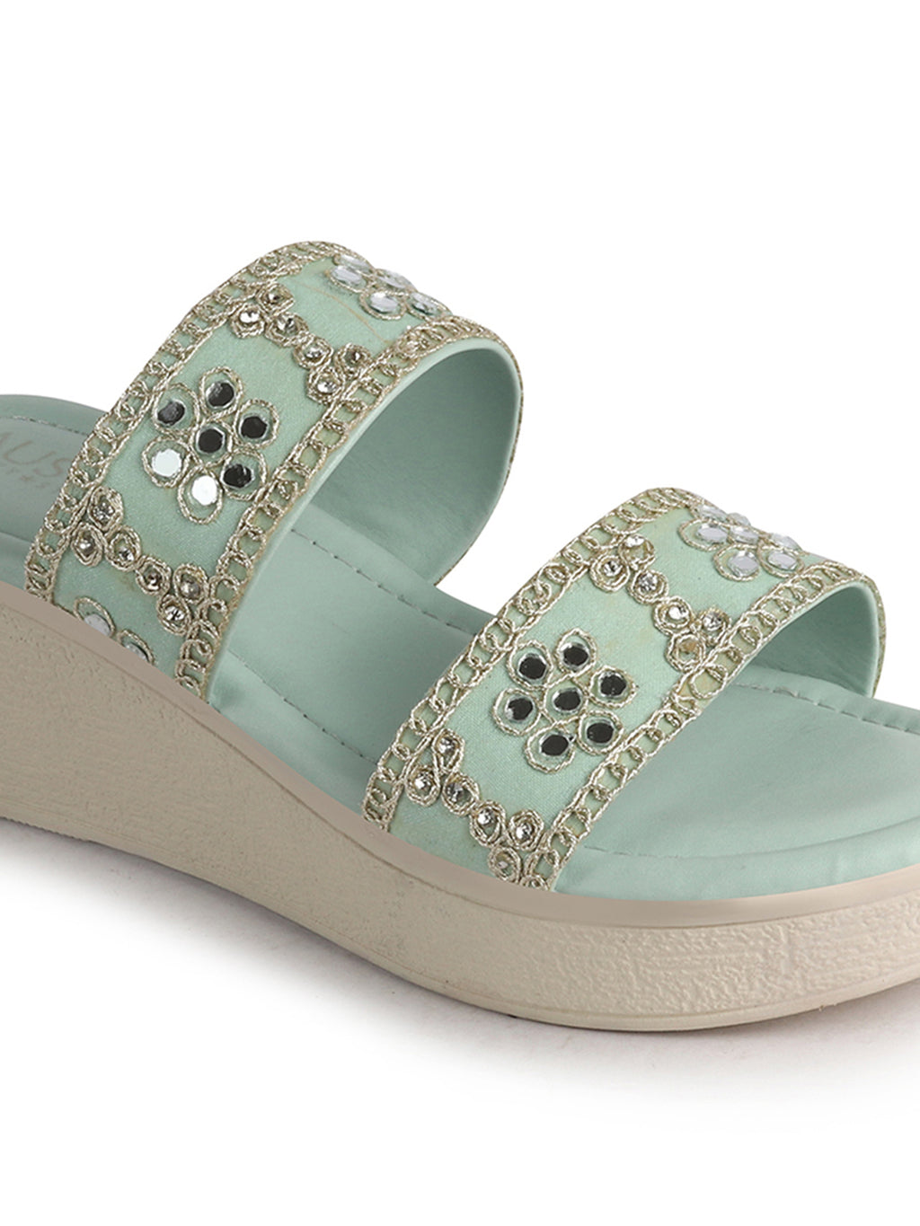 Women Pista Open Toe Dual Strap Mirror Embroidery Wedding Slip On Sandals|Ethnic Wedges Heel Slippers with Durable Grip Sole