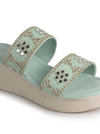 Women Pista Open Toe Dual Strap Mirror Embroidery Wedding Slip On Sandals|Ethnic Wedges Heel Slippers with Durable Grip Sole
