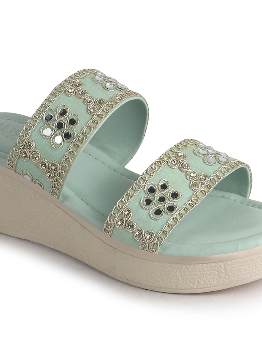Women Pista Open Toe Dual Strap Mirror Embroidery Wedding Slip On Sandals|Ethnic Wedges Heel Slippers with Durable Grip Sole
