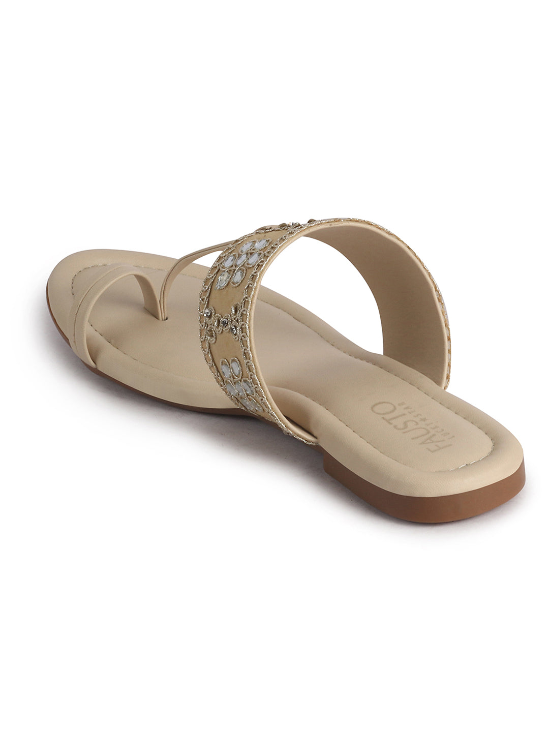 Women Beige Ornate Strap Toe Ring Wedding Party Slip-On Sandals|Festive Ethnic Flat Slippers for Indian Traditional Dress Outfits