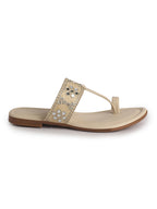 Women Beige Ornate Strap Toe Ring Wedding Party Slip-On Sandals|Festive Ethnic Flat Slippers for Indian Traditional Dress Outfits