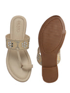 Women Beige Ornate Strap Toe Ring Wedding Party Slip-On Sandals|Festive Ethnic Flat Slippers for Indian Traditional Dress Outfits