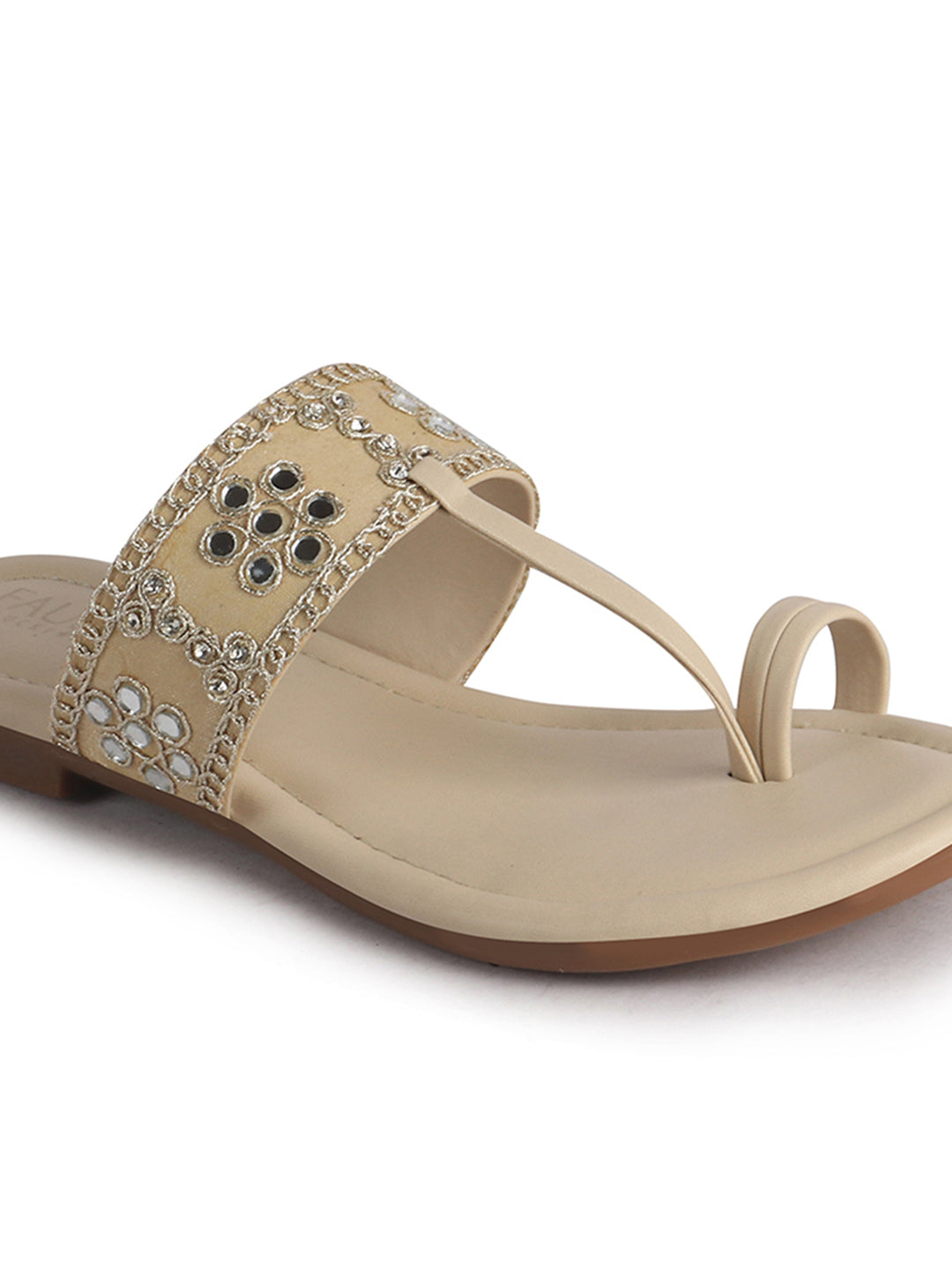 Women Beige Ornate Strap Toe Ring Wedding Party Slip-On Sandals|Festive Ethnic Flat Slippers for Indian Traditional Dress Outfits