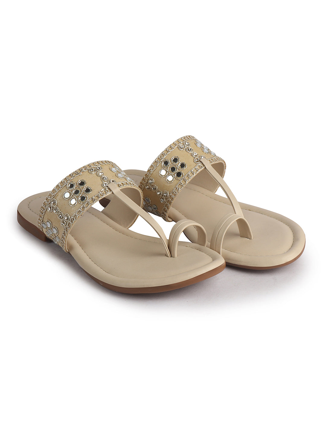 Women Beige Ornate Strap Toe Ring Wedding Party Slip-On Sandals|Festive Ethnic Flat Slippers for Indian Traditional Dress Outfits