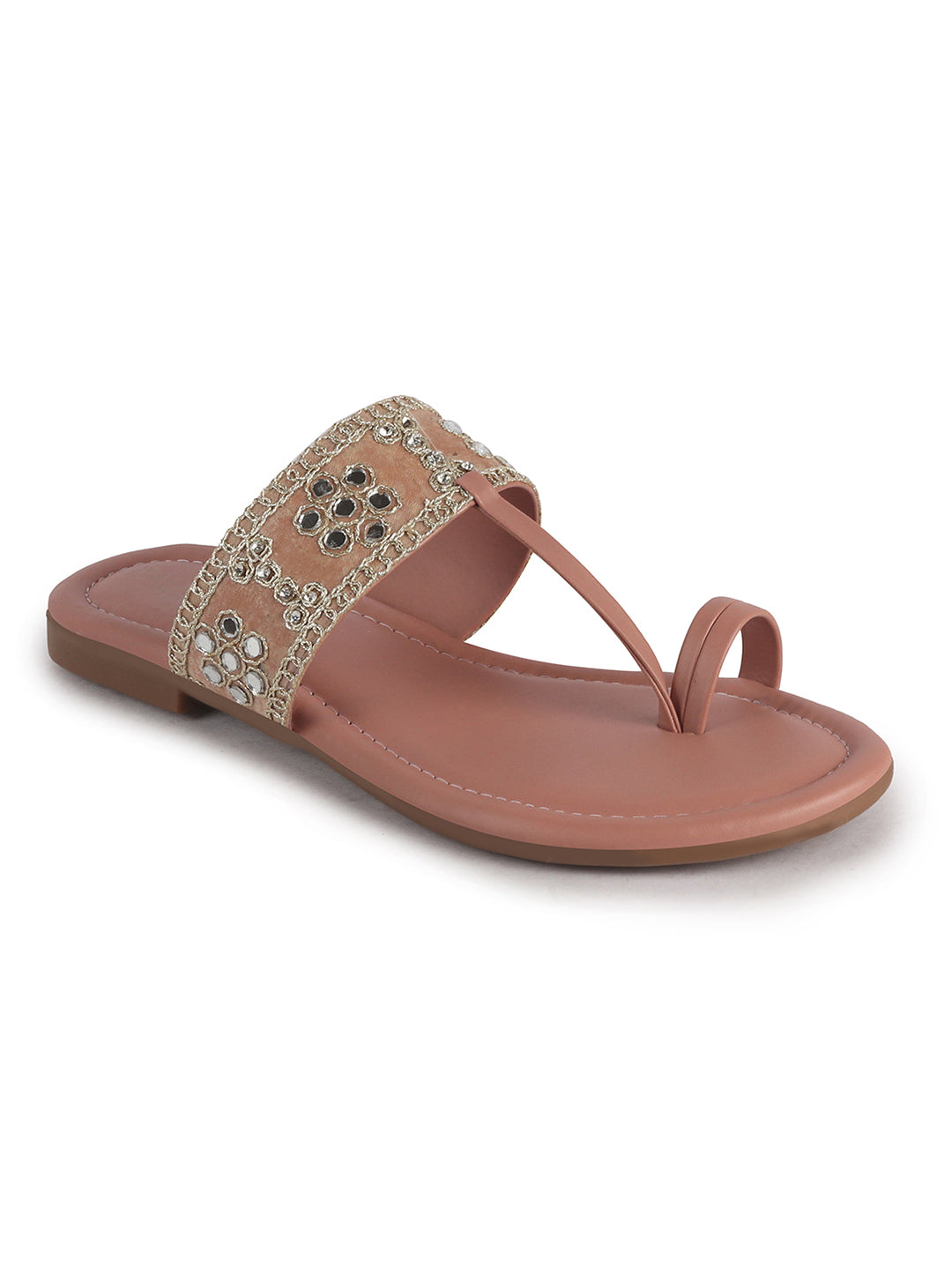 Women Pink Ornate Strap Toe Ring Wedding Party Slip-On Sandals|Festive Ethnic Flat Slippers for Indian Traditional Dress Outfits