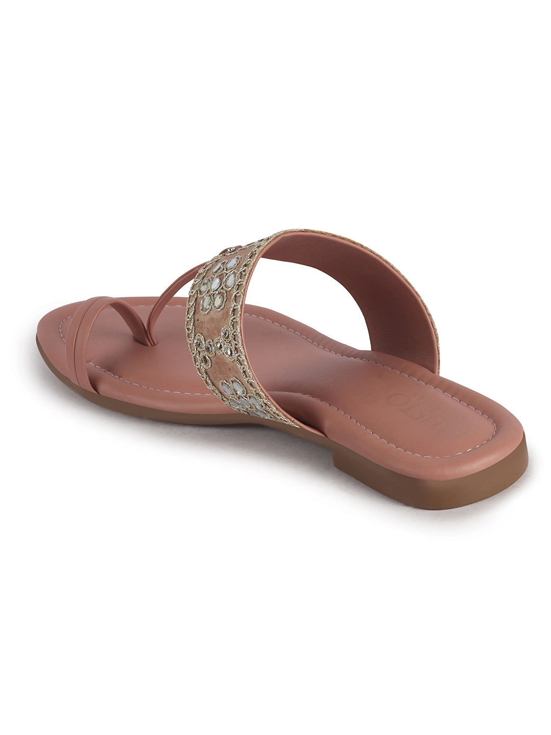 Women Pink Ornate Strap Toe Ring Wedding Party Slip-On Sandals|Festive Ethnic Flat Slippers for Indian Traditional Dress Outfits