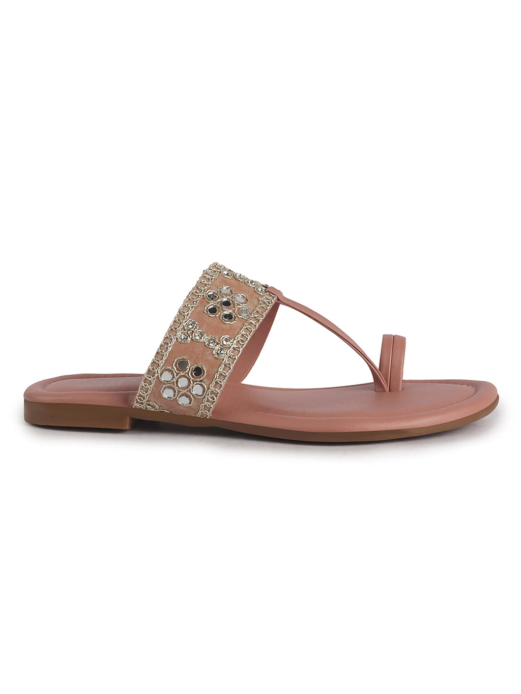 Women Pink Ornate Strap Toe Ring Wedding Party Slip-On Sandals|Festive Ethnic Flat Slippers for Indian Traditional Dress Outfits