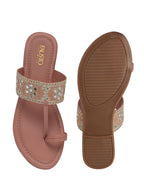 Women Pink Ornate Strap Toe Ring Wedding Party Slip-On Sandals|Festive Ethnic Flat Slippers for Indian Traditional Dress Outfits