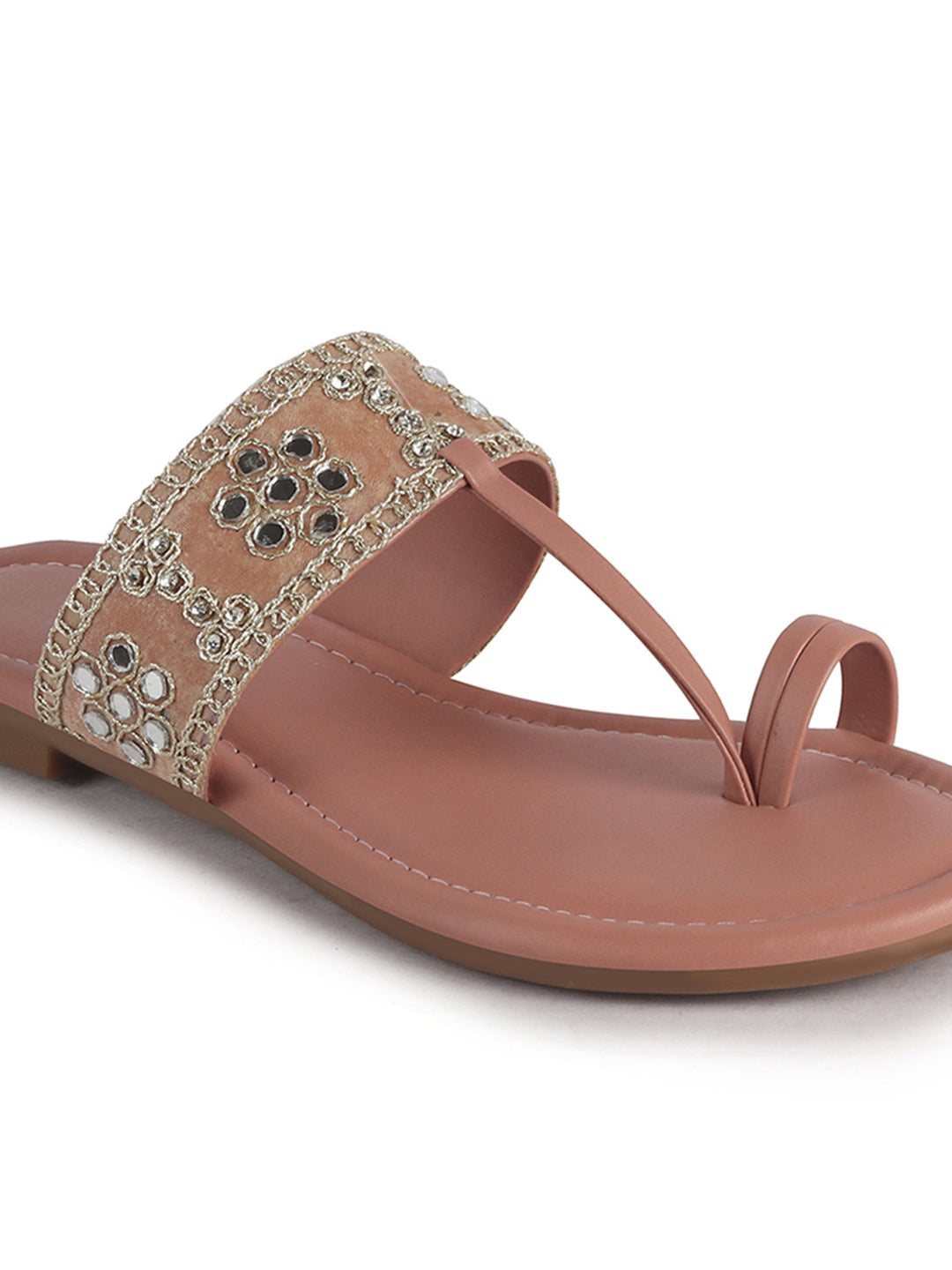 Women Pink Ornate Strap Toe Ring Wedding Party Slip-On Sandals|Festive Ethnic Flat Slippers for Indian Traditional Dress Outfits