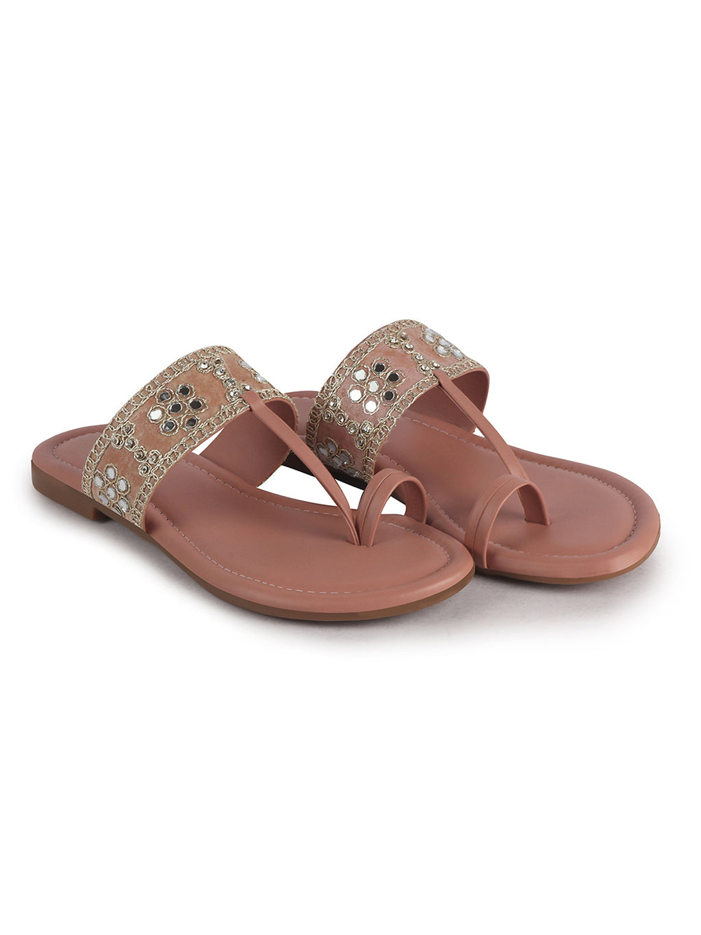Women Pink Ornate Strap Toe Ring Wedding Party Slip-On Sandals|Festive Ethnic Flat Slippers for Indian Traditional Dress Outfits