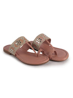 Women Pink Ornate Strap Toe Ring Wedding Party Slip-On Sandals|Festive Ethnic Flat Slippers for Indian Traditional Dress Outfits