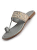 Women Grey Embroidery Toe Ring Strap Ethnic Party Slip-On Flats Slippers|Festive Wedding Comfort Sandals for Anarkali, Kurta Suits