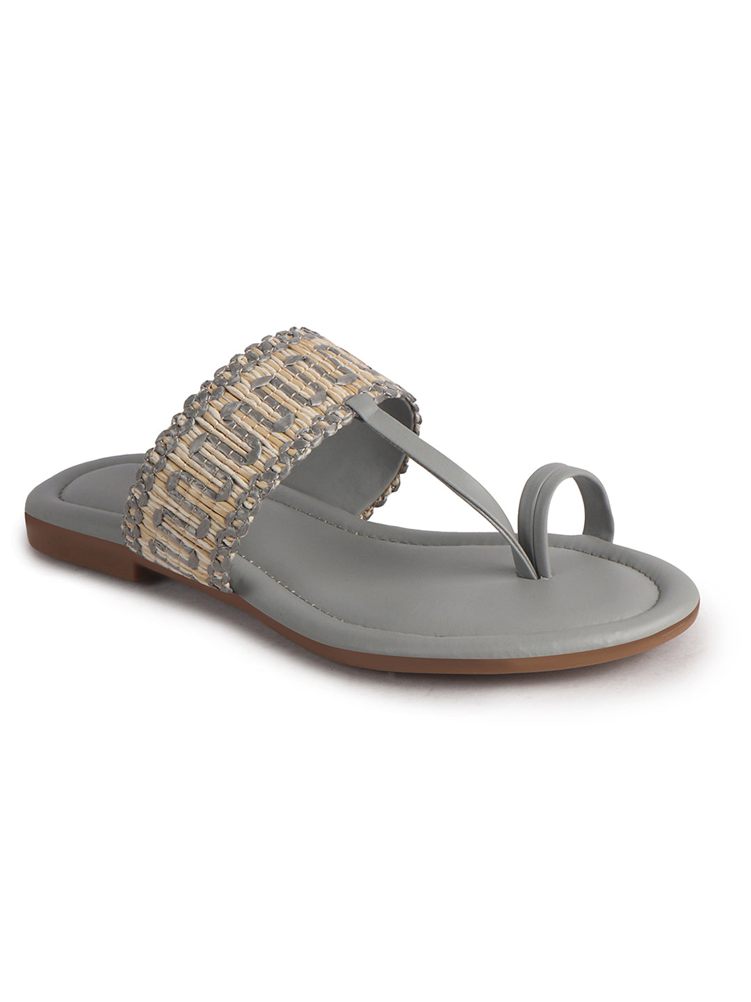 Women Grey Embroidery Toe Ring Strap Ethnic Party Slip-On Flats Slippers|Festive Wedding Comfort Sandals for Anarkali, Kurta Suits