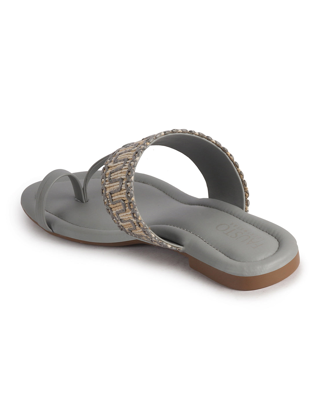Women Grey Embroidery Toe Ring Strap Ethnic Party Slip-On Flats Slippers|Festive Wedding Comfort Sandals for Anarkali, Kurta Suits