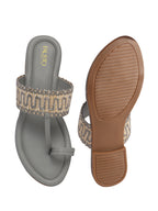 Women Grey Embroidery Toe Ring Strap Ethnic Party Slip-On Flats Slippers|Festive Wedding Comfort Sandals for Anarkali, Kurta Suits