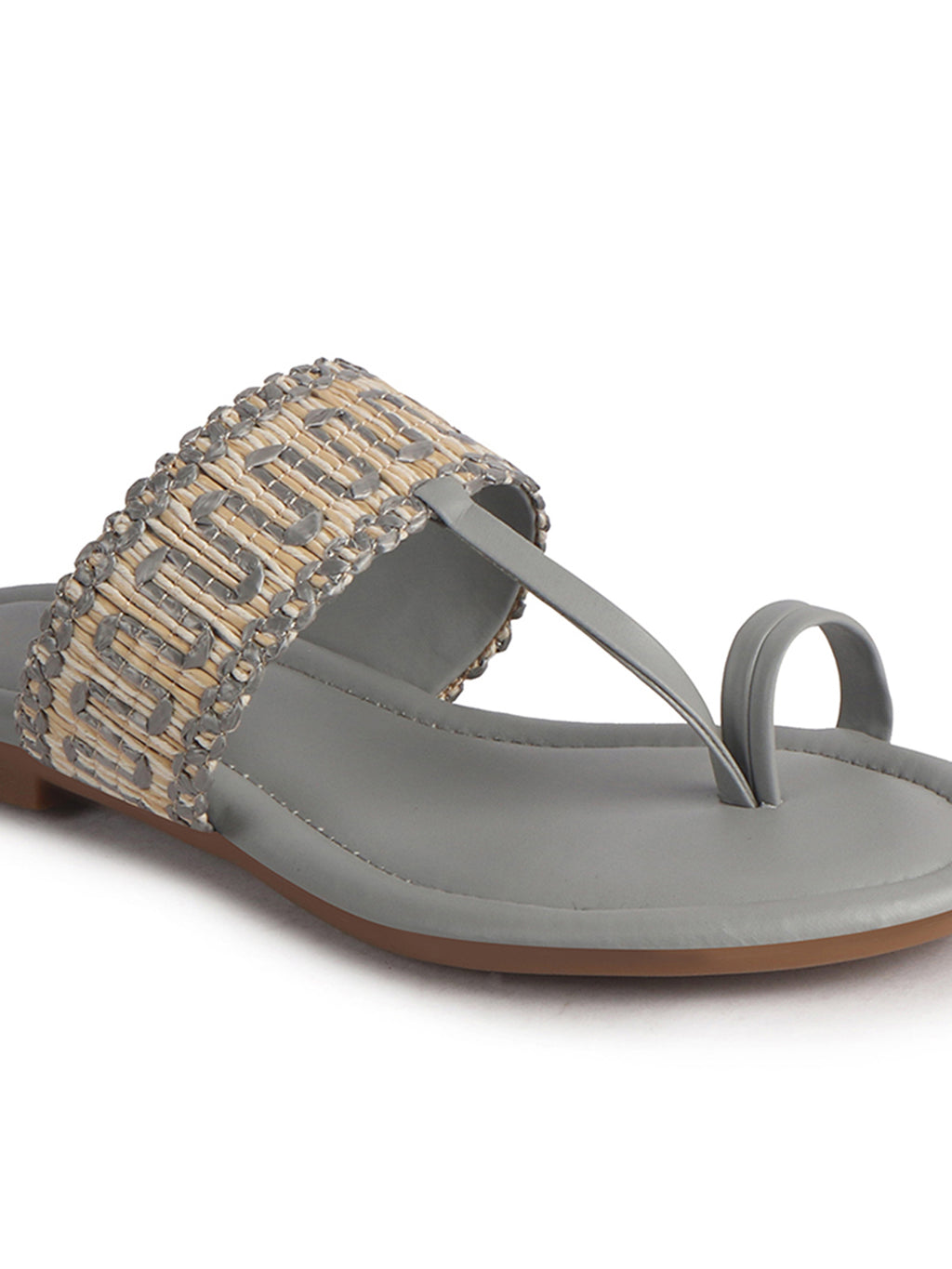 Women Grey Embroidery Toe Ring Strap Ethnic Party Slip-On Flats Slippers|Festive Wedding Comfort Sandals for Anarkali, Kurta Suits