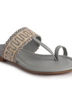 Women Grey Embroidery Toe Ring Strap Ethnic Party Slip-On Flats Slippers|Festive Wedding Comfort Sandals for Anarkali, Kurta Suits