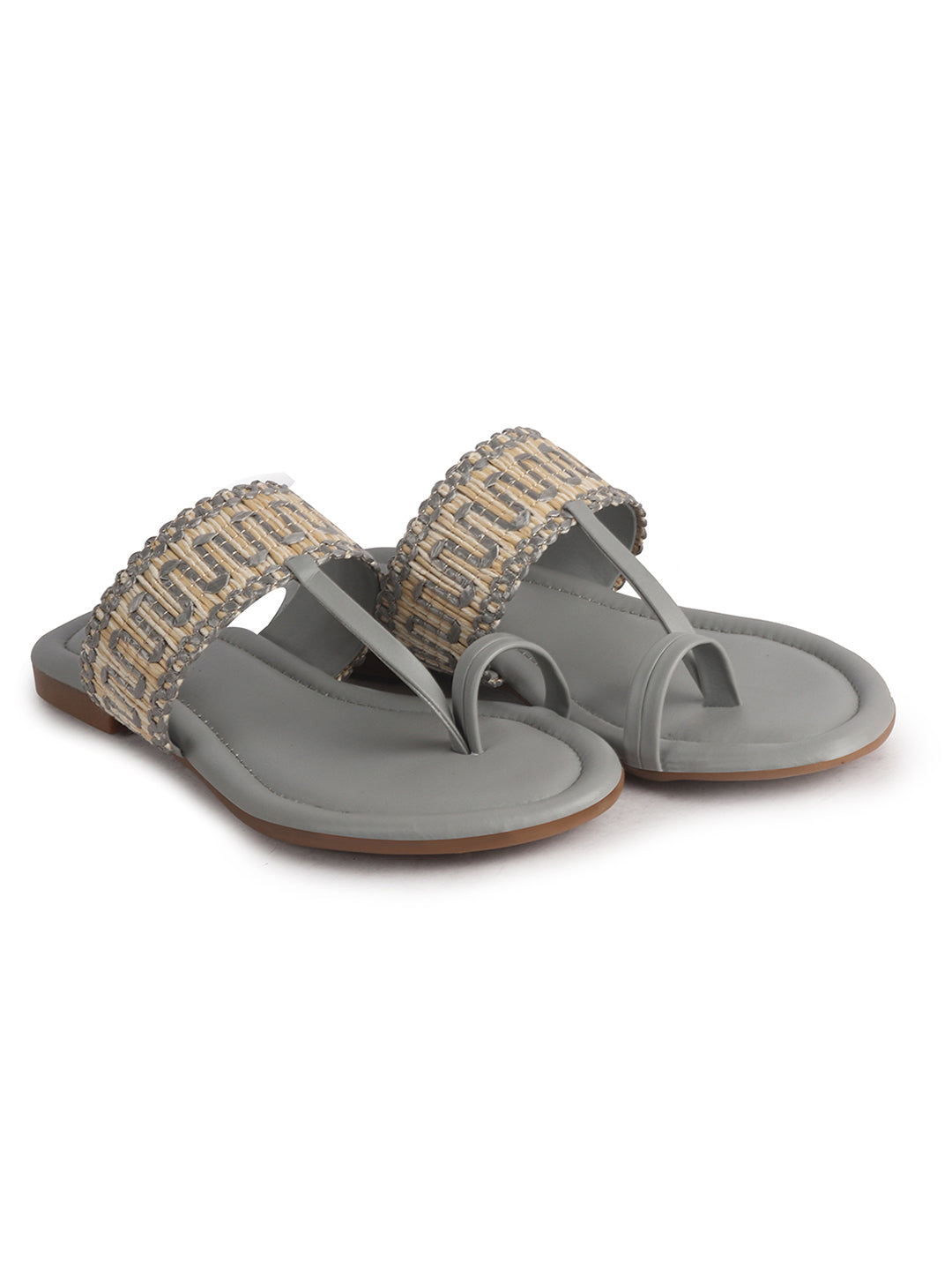 Women Grey Embroidery Toe Ring Strap Ethnic Party Slip-On Flats Slippers|Festive Wedding Comfort Sandals for Anarkali, Kurta Suits