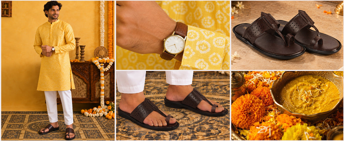 Men Tan Premium Soft Leather Kolhapuri-Style Toe Ring Slippers with Cushioned Insole | Slip Resistant Sole Comfort Sandal for Traditional Festive, Kurta Pyjama, Smart Casuals