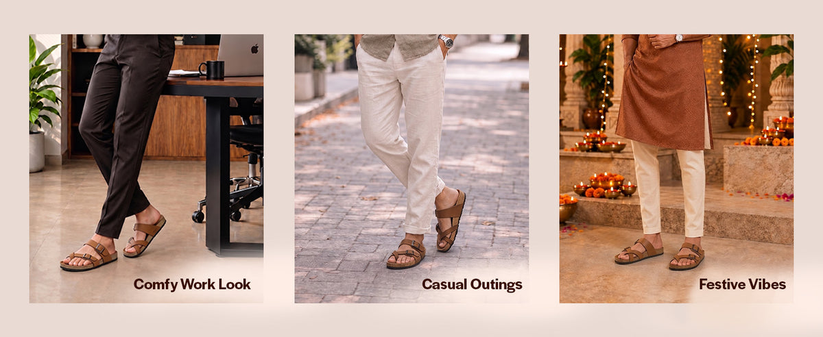 Men Tan Toe Ring Multi Strap Ethnic Festive Kurta Broad Feet Slip-On Sandals | Anti-Skid Cork Latex Suede Soft Insole Slippers with Heel Cup for Outdoor Indoor Premium Comfort