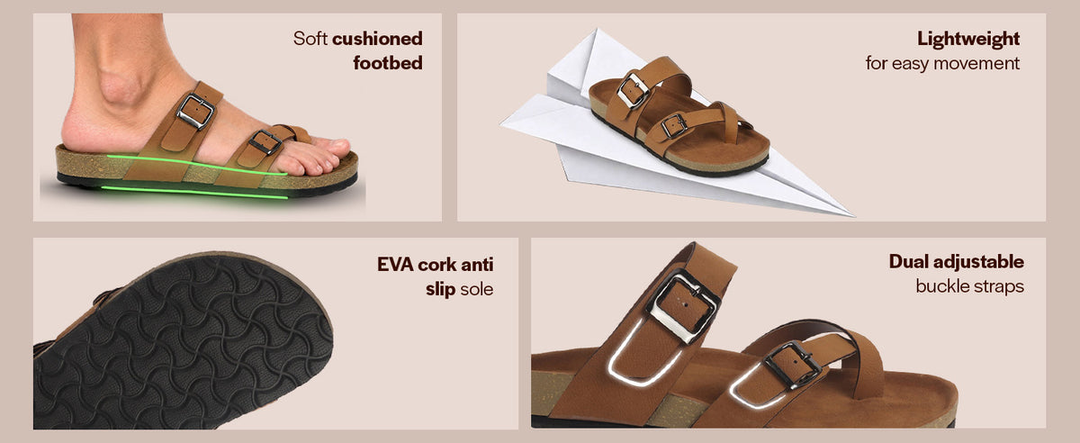 Men Tan Toe Ring Multi Strap Ethnic Festive Kurta Broad Feet Slip-On Sandals | Anti-Skid Cork Latex Suede Soft Insole Slippers with Heel Cup for Outdoor Indoor Premium Comfort
