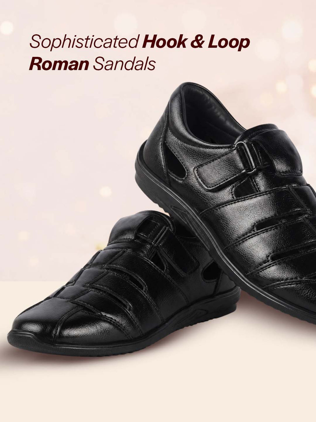 Men Black Peforated Hook and Loop Shoe Style Roman Sandals|Memory Cushioned Insole|All Day Walking Support, Anti Skid Sole|Office, Casual, Kurta, Festive