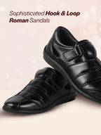 Men Black Peforated Hook and Loop Shoe Style Roman Sandals|Memory Cushioned Insole|All Day Walking Support, Anti Skid Sole|Office, Casual, Kurta, Festive