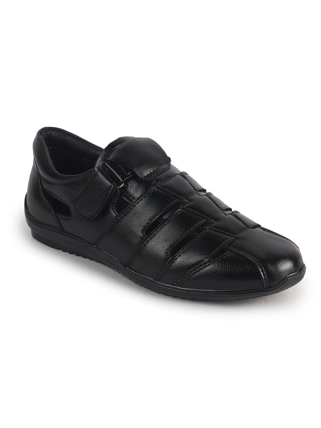 Men Black Peforated Hook and Loop Shoe Style Roman Sandals|Memory Cushioned Insole|All Day Walking Support, Anti Skid Sole|Office, Casual, Kurta, Festive