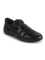 Men Black Peforated Hook and Loop Shoe Style Roman Sandals|Memory Cushioned Insole|All Day Walking Support, Anti Skid Sole|Office, Casual, Kurta, Festive