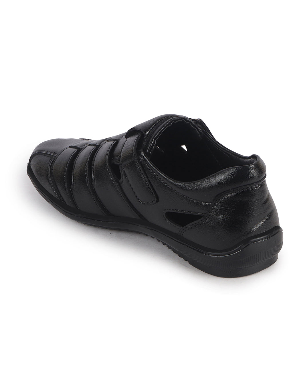 Men Black Peforated Hook and Loop Shoe Style Roman Sandals|Memory Cushioned Insole|All Day Walking Support, Anti Skid Sole|Office, Casual, Kurta, Festive