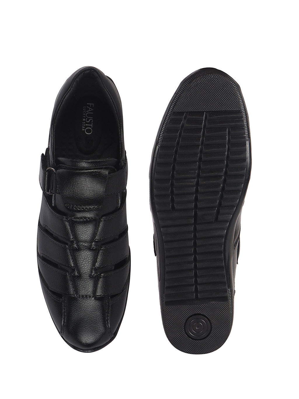 Men Black Peforated Hook and Loop Shoe Style Roman Sandals|Memory Cushioned Insole|All Day Walking Support, Anti Skid Sole|Office, Casual, Kurta, Festive