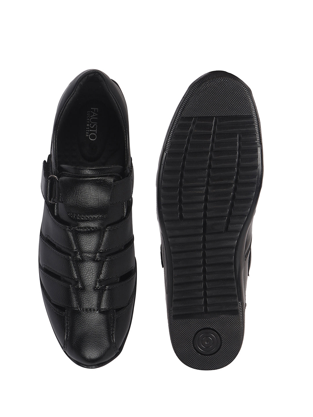 Men Black Peforated Hook and Loop Shoe Style Roman Sandals|Memory Cushioned Insole|All Day Walking Support, Anti Skid Sole|Office, Casual, Kurta, Festive