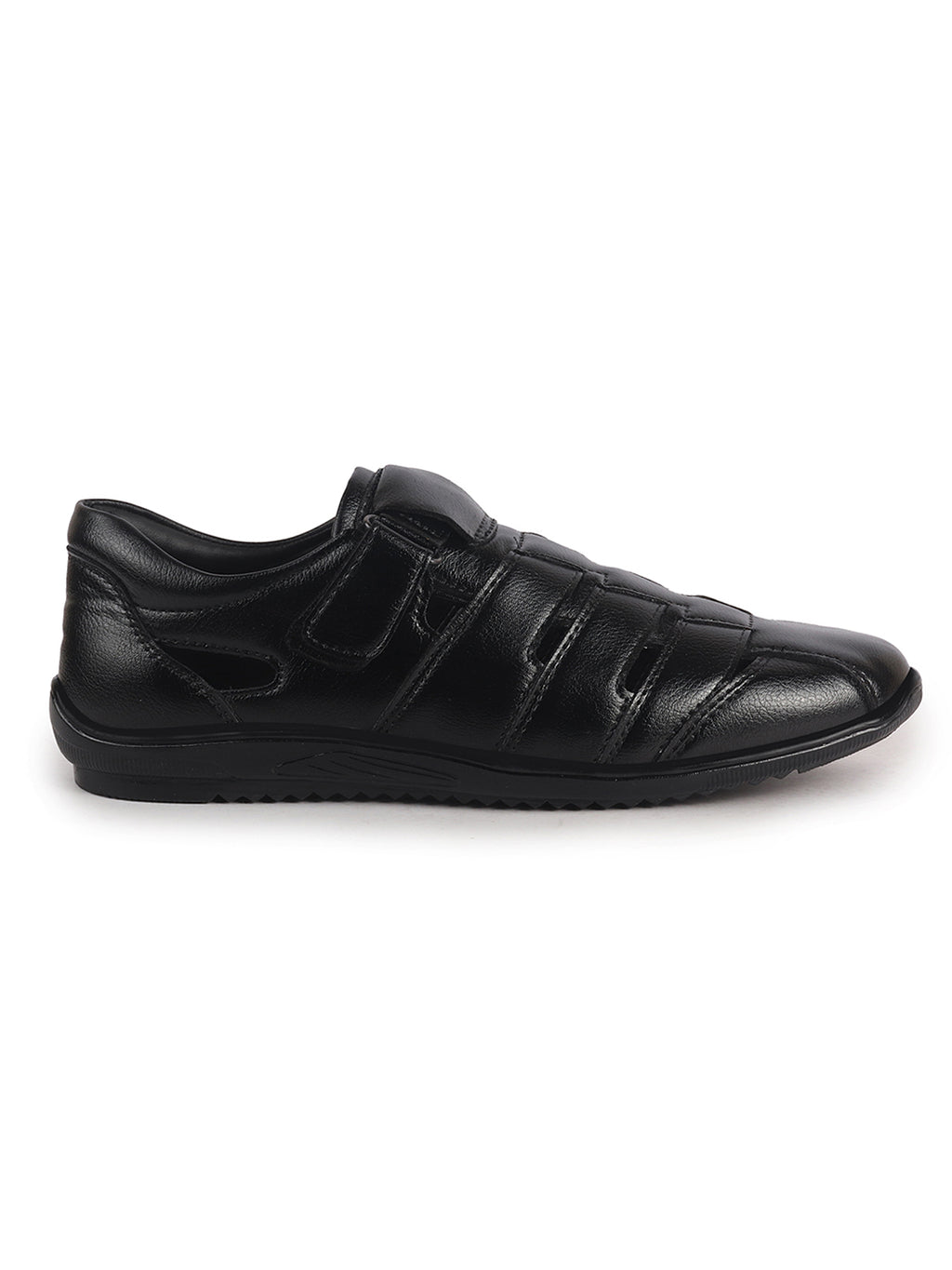 Men Black Peforated Hook and Loop Shoe Style Roman Sandals|Memory Cushioned Insole|All Day Walking Support, Anti Skid Sole|Office, Casual, Kurta, Festive