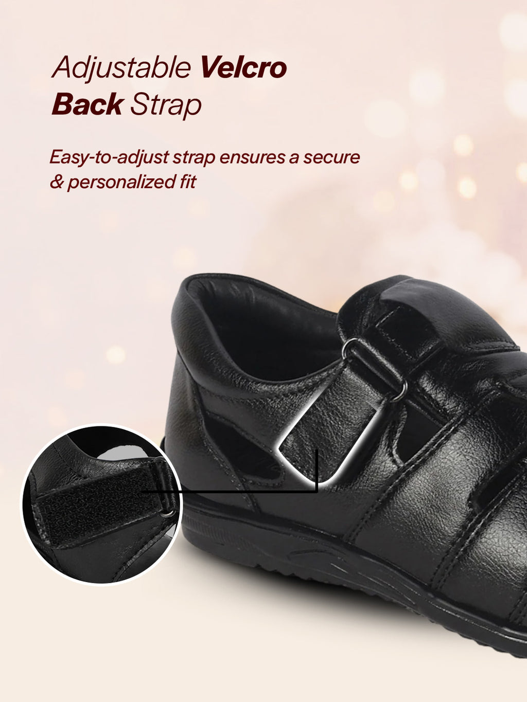 Men Black Peforated Hook and Loop Shoe Style Roman Sandals|Memory Cushioned Insole|All Day Walking Support, Anti Skid Sole|Office, Casual, Kurta, Festive
