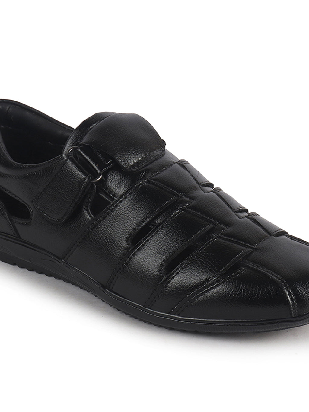 Men Black Peforated Hook and Loop Shoe Style Roman Sandals|Memory Cushioned Insole|All Day Walking Support, Anti Skid Sole|Office, Casual, Kurta, Festive